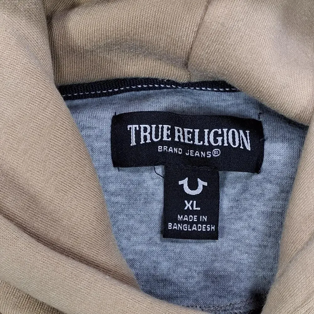 True Religion Hoodie Mens XL Beige Pullover Fleece Horseshoe Logo Sweatshirt